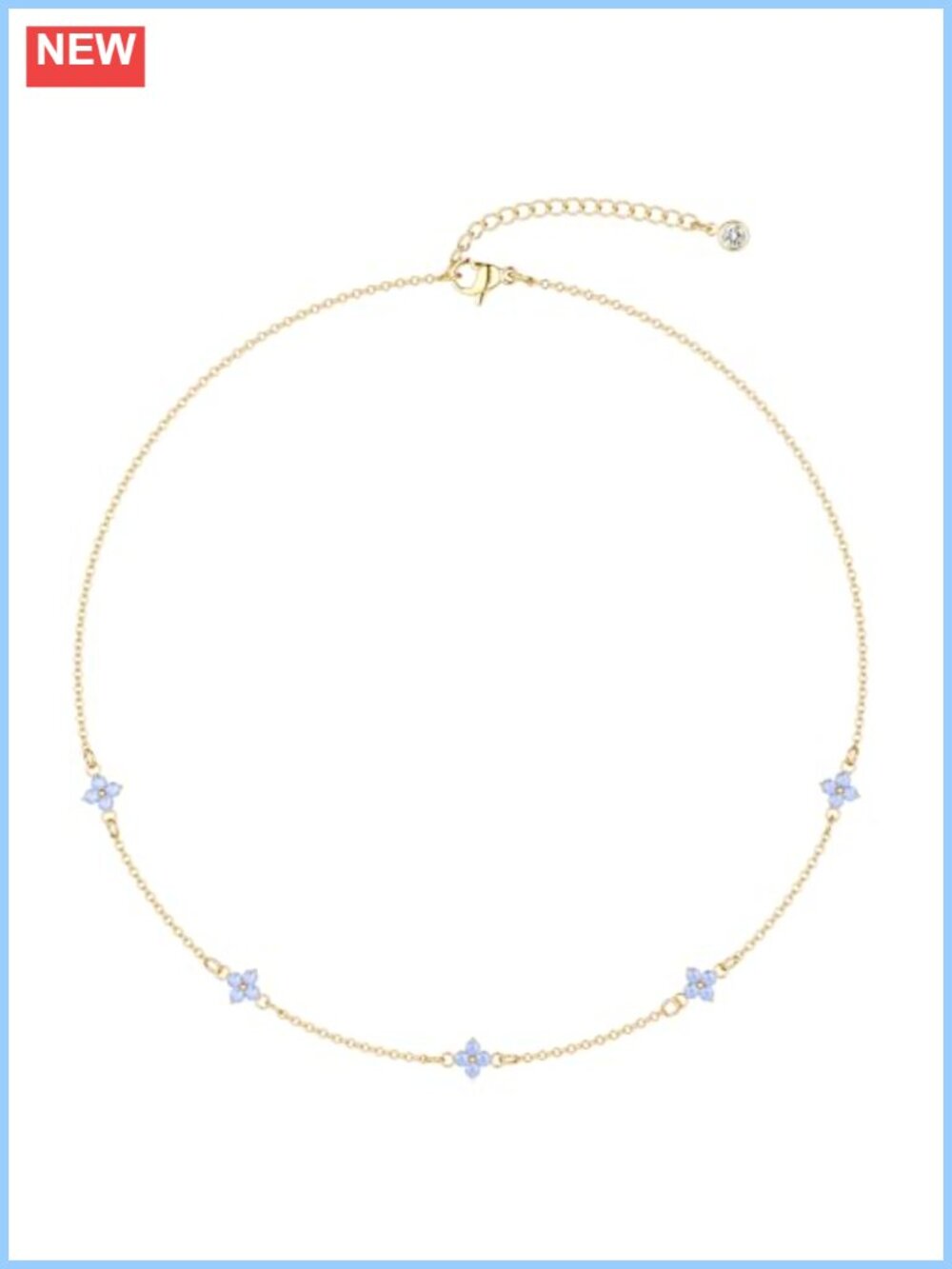 14K Gold Plated Dainty Chain Necklace Blue Zirconia Flower Pendant 14"+2"